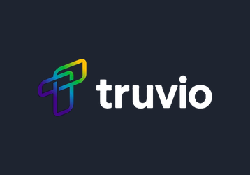 Colorful stylized T logo next to the word truvio on dark background