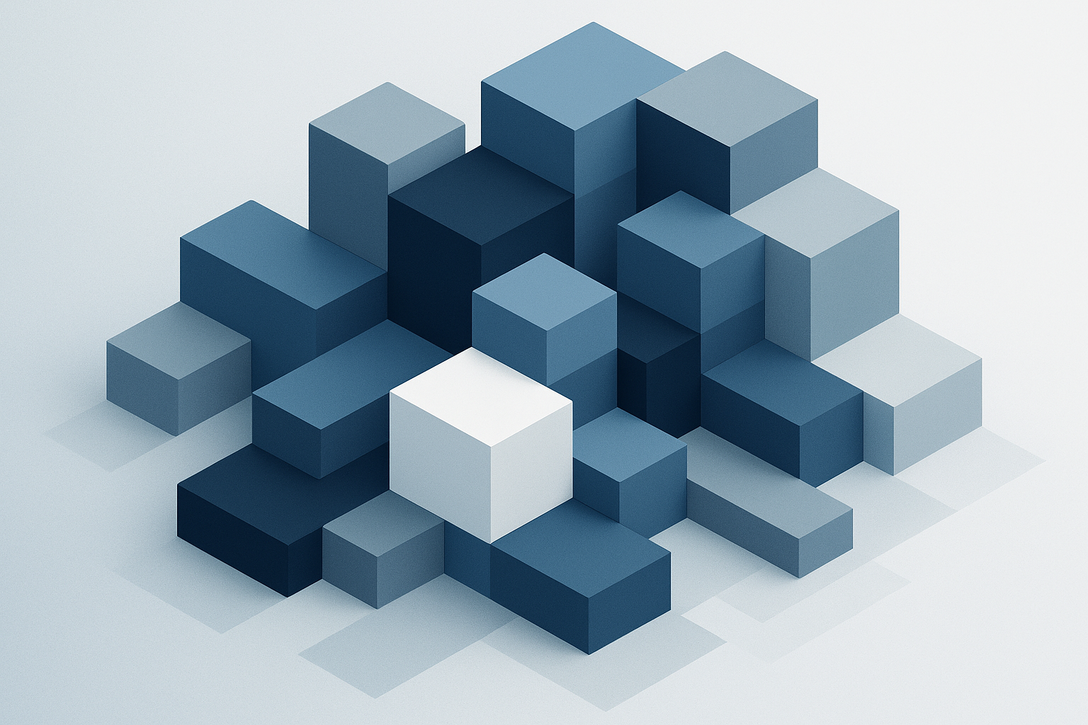 Cluster of blue and white 3D cubes arranged in a geometric pattern casting soft shadows