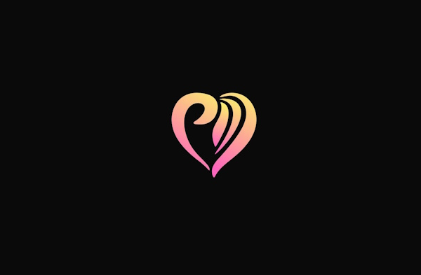Stylized heart shape with gradient colors from yellow to pink on black background