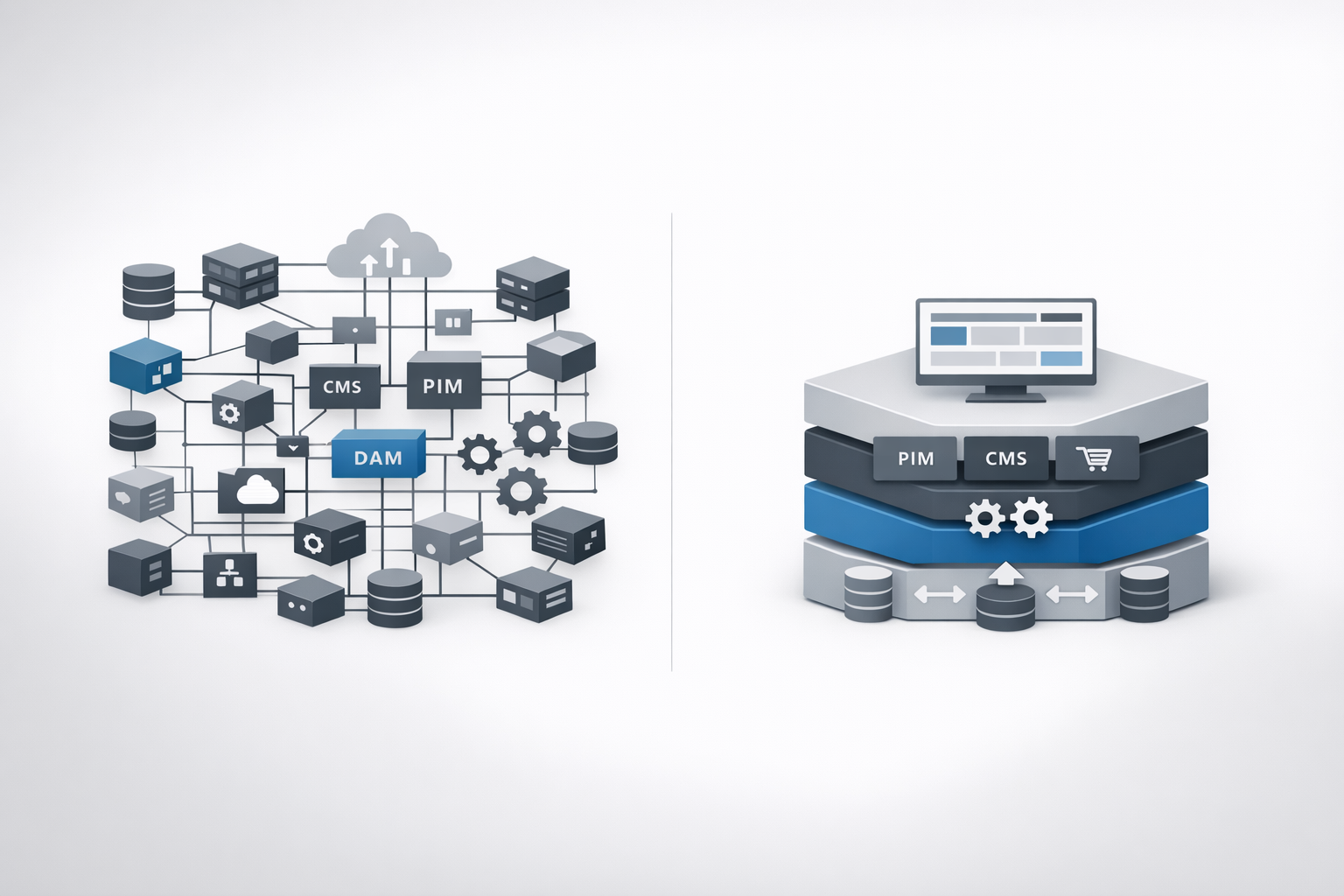 Left side shows a complex network of interconnected blocks labeled CMS, PIM, DAM; right side shows a simplified layered system with CMS, PIM, and shopping cart icons under a monitor.