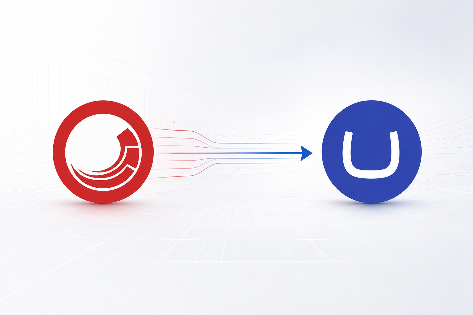 Rotes rundes Logo mit Pfeilen, die nach rechts auf ein blaues rundes Logo mit weißem U zeigen