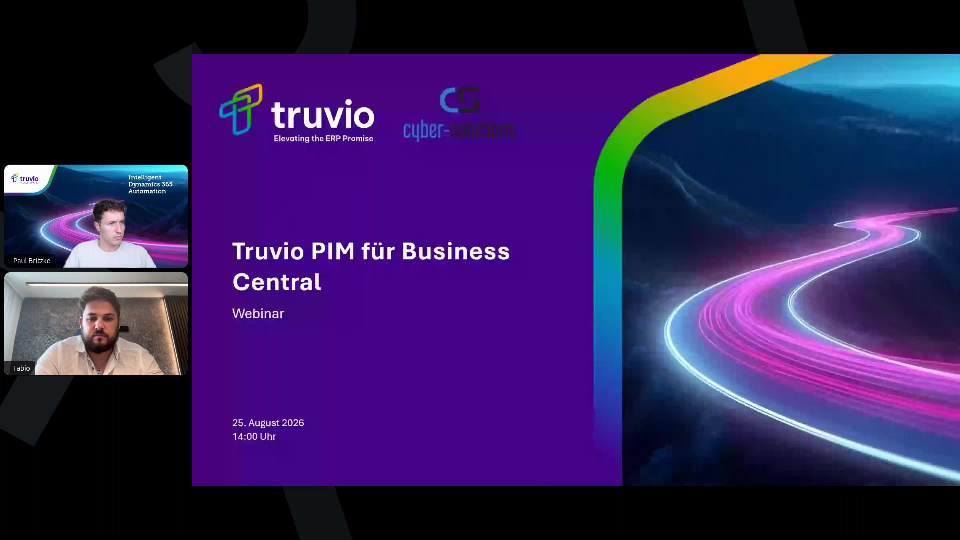 Webinar-Folie mit Titel Truvio PIM für Business Central und zwei Sprechern in Videoanrufen