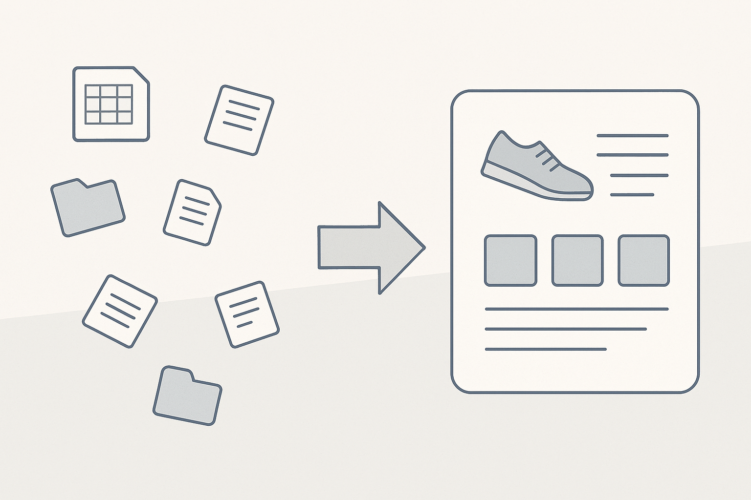 Various document and folder icons with an arrow pointing to a structured product page featuring a shoe and text blocks