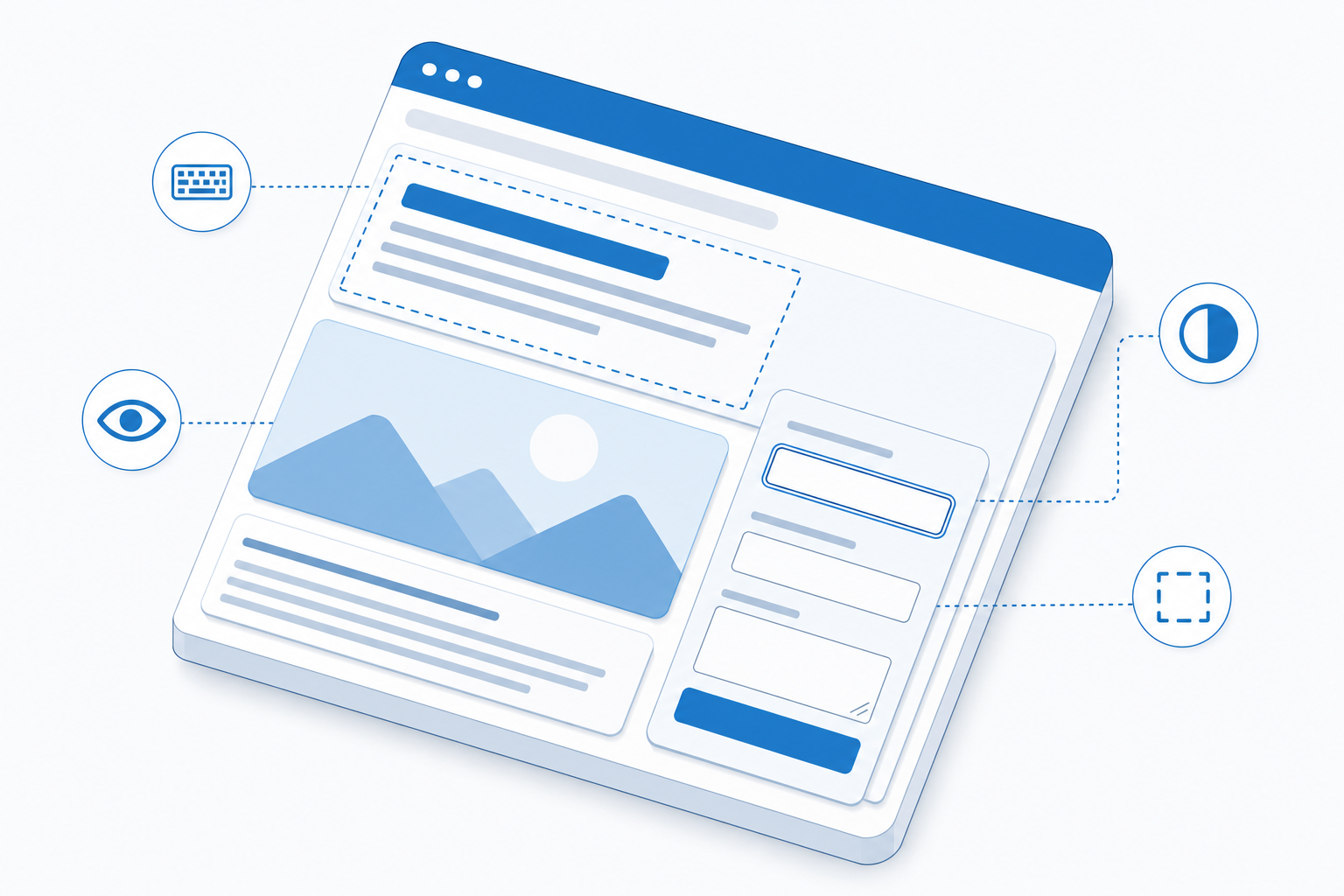 Webseitenlayout mit Symbolen für Tastaturnavigation, visuelle Inhalte, Kontrastanpassung und Fokusbereich