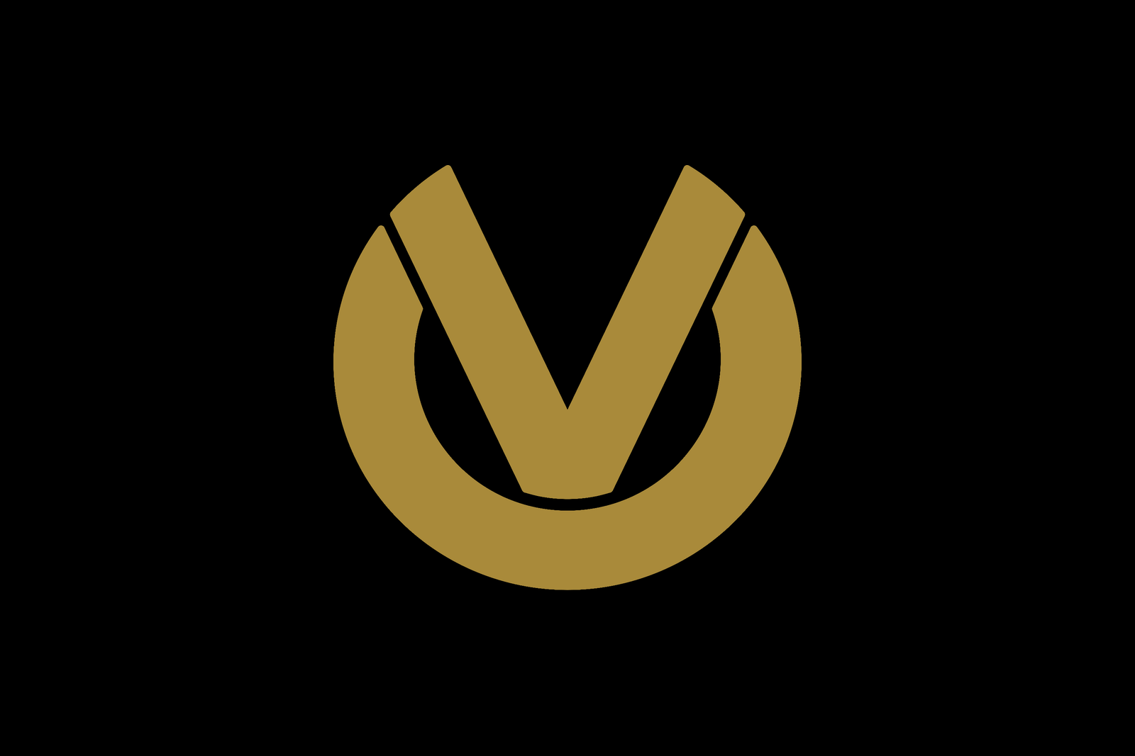 Golden circular emblem with a stylized V shape inside on a black background