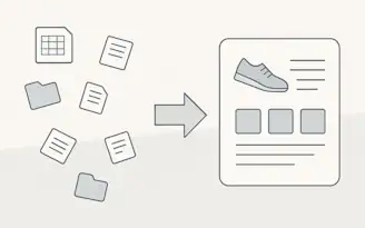 Scattered documents and folders transforming into a structured product page with a shoe image